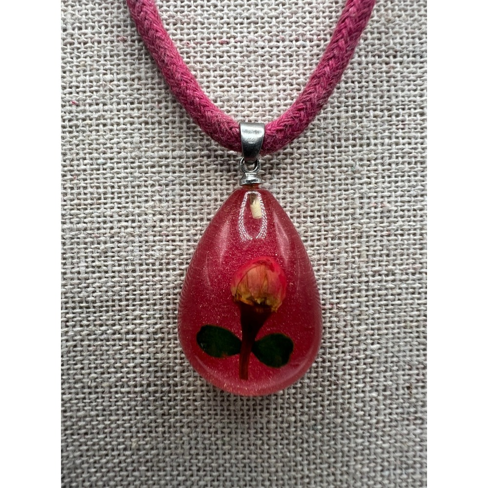 Fairycore Cottagecore Real Rose Bud Resin Pendant Pink Cord Necklace